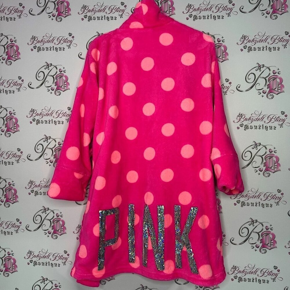 Victoria secret pink robe polka dot neon silver sequin holographic sparkle logo